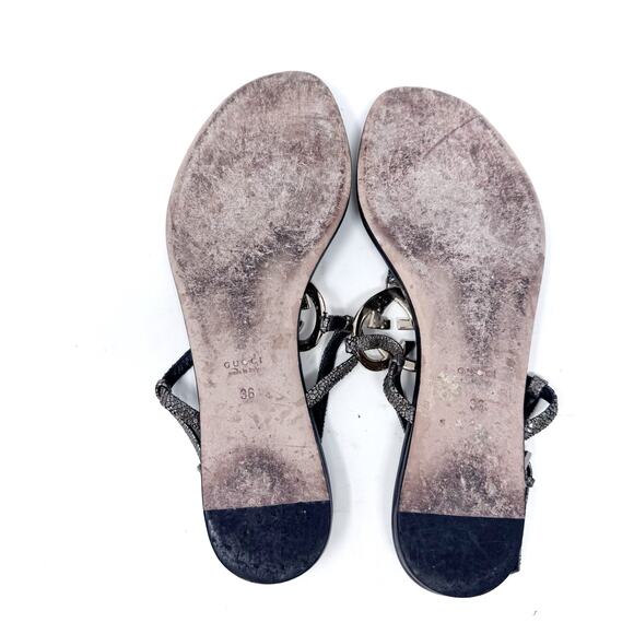 GUCCI GG Black Silver Logo Monogram Ellesmere Heart Designer Vintage Sandals 36 - Picture 8 of 10